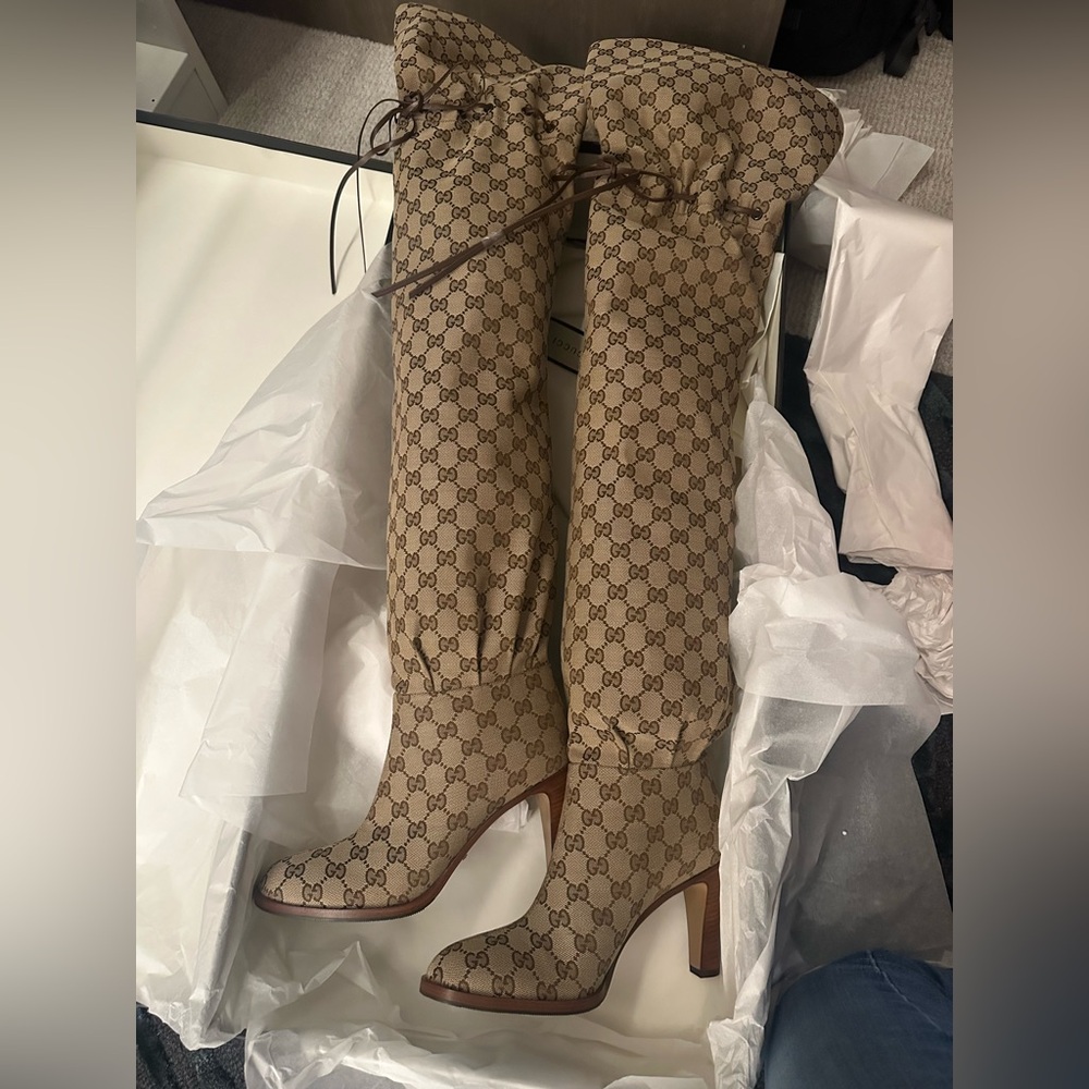 Gucci Monogram over the knee boots